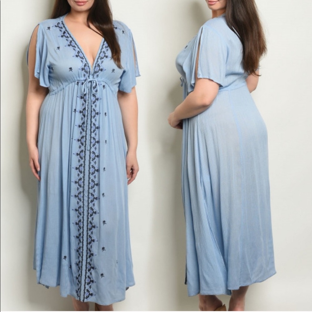 Embroidered Boho Maxi Dress Plus Size Mid Sleeve